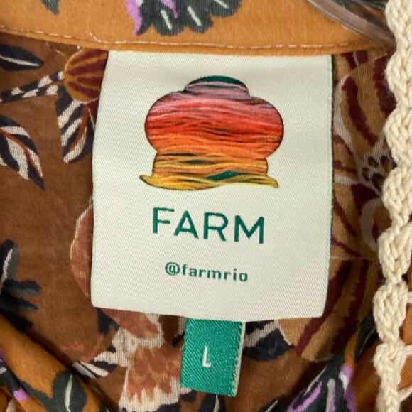 Nwot FARM RIO Top L Cream Brown Floral Pearly-Button Crochet Puff-Balloon-Sleeve - Picture 4 of 16